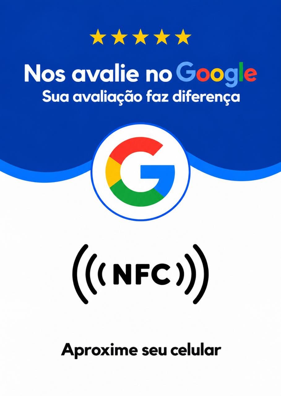 Placa de avaliação NFC: Nos avalie no Google — aproxime seu celular